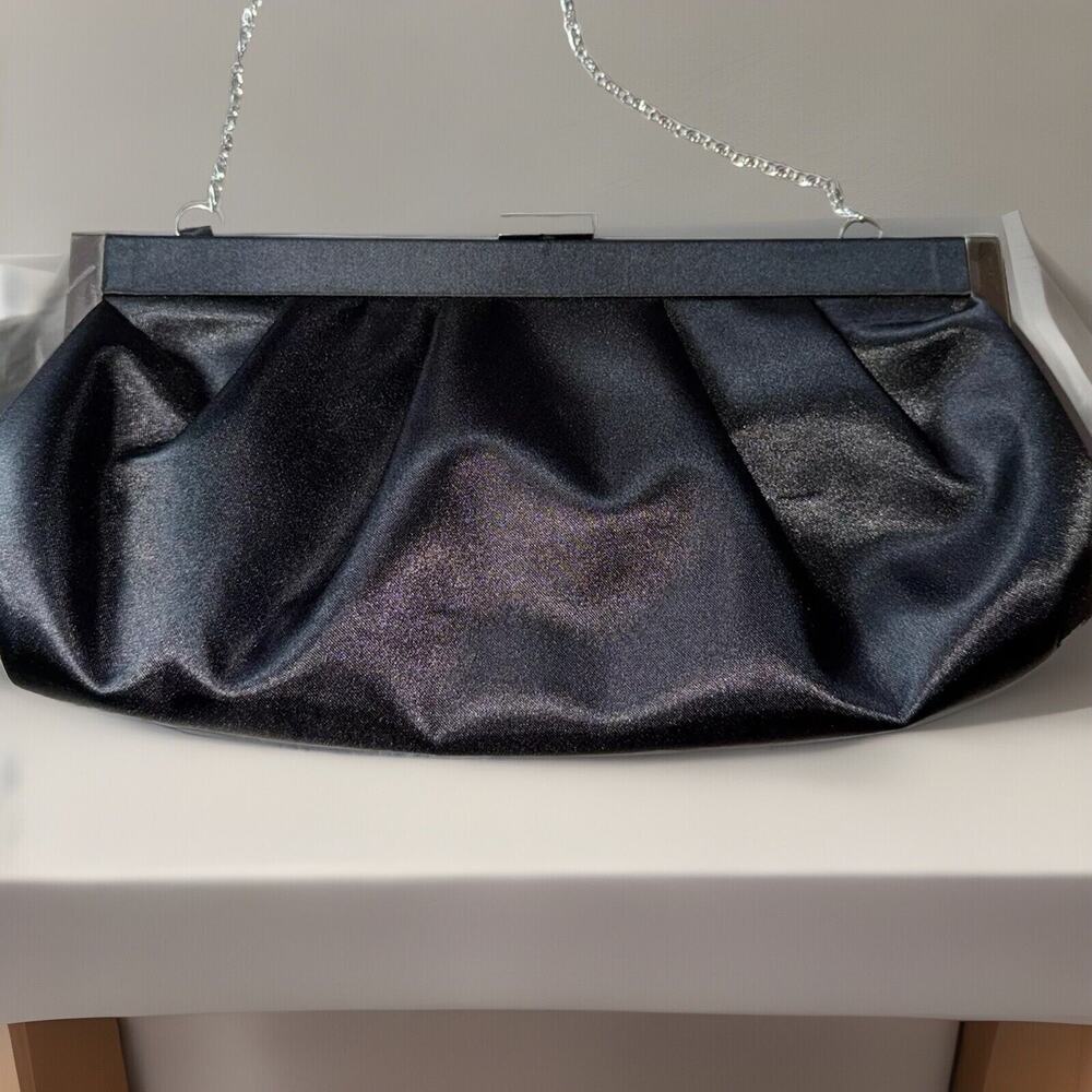 VTG Worthington Black Satin Clutch Purse Silver Chain Shoulder Bag 12”x6”